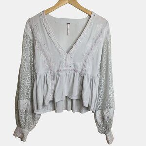 FREE PEOPLE Lace Mirror Babydoll Peplum Blouse Gray Eyelet Long  Sleeve Sz S /P